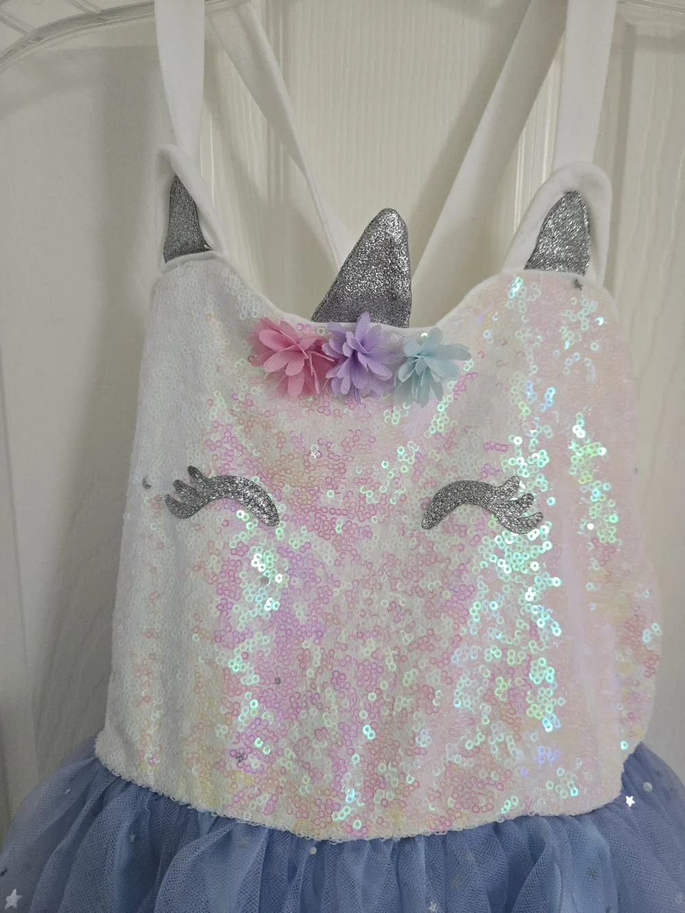 lilt White Sequin & Light Blue Star Tulle Unicorn Dress, Sleeveless, Twirly, 7/8